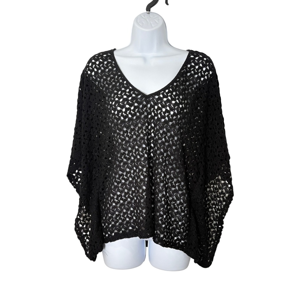 Womens Black Crochet Poncho Sweater S Oversized Batwing Whimsigoth Witchy Boho